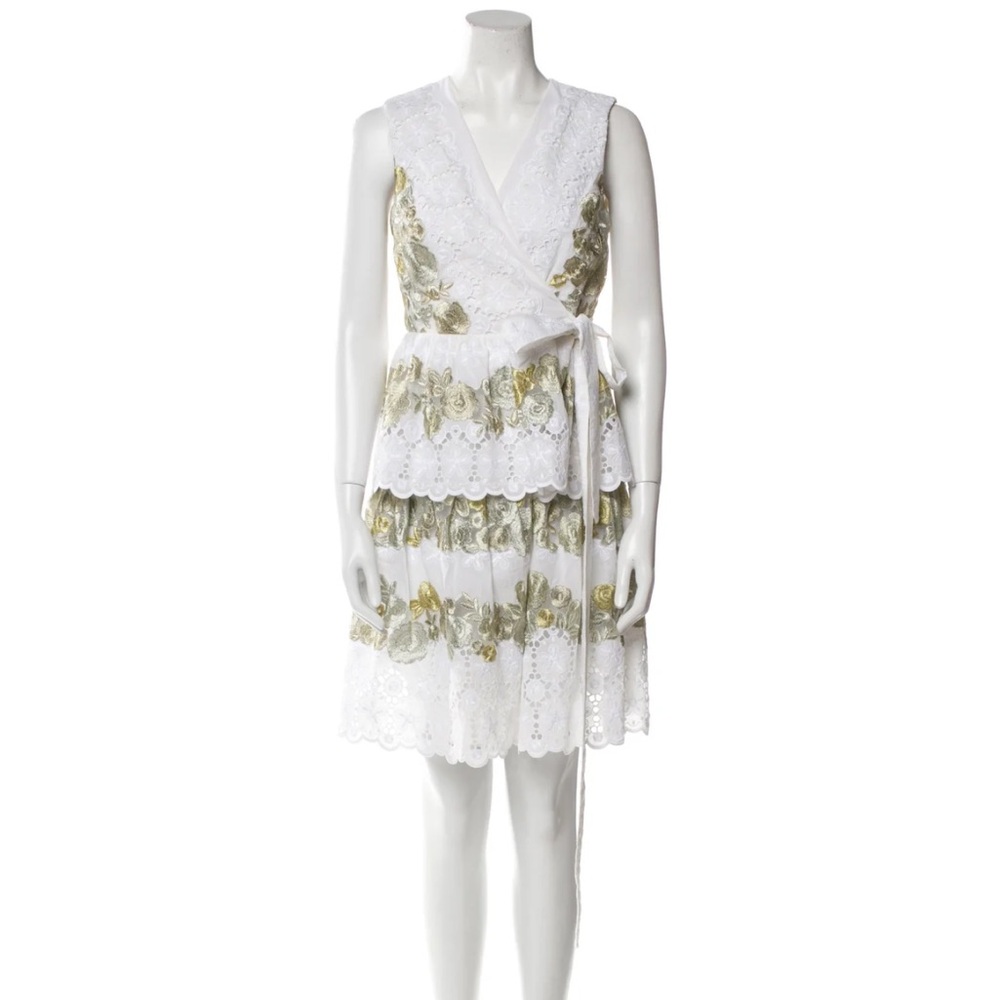 Diane Von Furstenberg White Eyelet Midi Wrap Dress with Olive Floral Trim